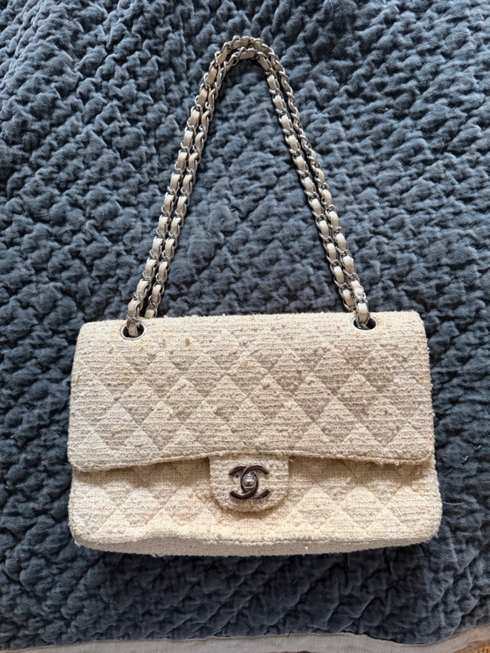 CHANEL Cream Bouclé Quilted Shoulder Bag with Silver Chain